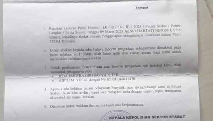 Laporan Hartati Tujuh Bulan Mandek di Polsek Stabat